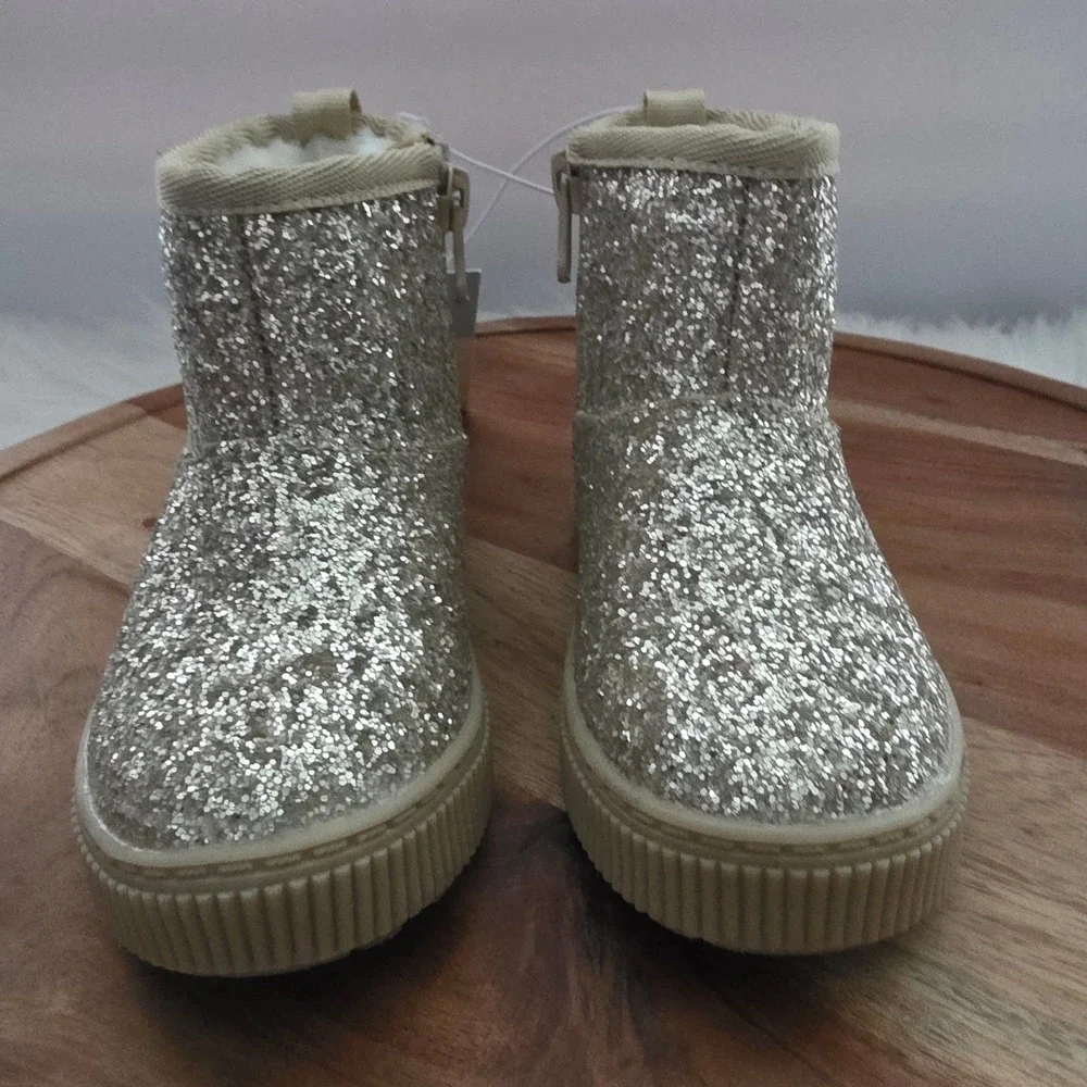 Cat & Jack Glitter Ankle Boots Toddler 5 Gold New Faux Fur Lined Zipper